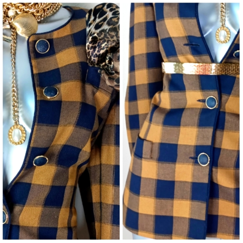 Elegant Blue and Golden Checkered Women's Blazer